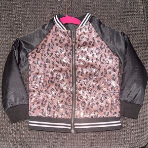 Girls or boys Pink Sequin Leopard Jacket with Black Sleeves. Kids XL